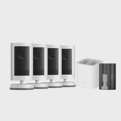 Ring Outdoor Camera Plus 2K Battery Security Bundle 4 Pack with Quick Release Batteries Dual Charger White B0FH4HDVSV